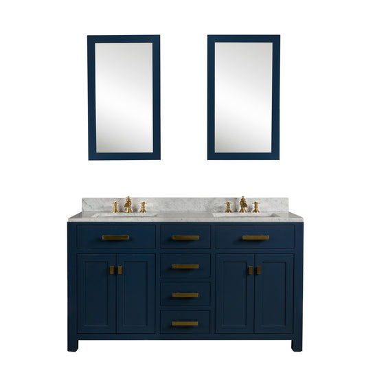 Water Creation | Madison 60-Inch Double Sink Carrara White Marble Vanity In Monarch BlueWith Matching Mirror(s) and F2-0013-06-FX Lavatory Faucet(s) | MS60CW06MB-R21FX1306