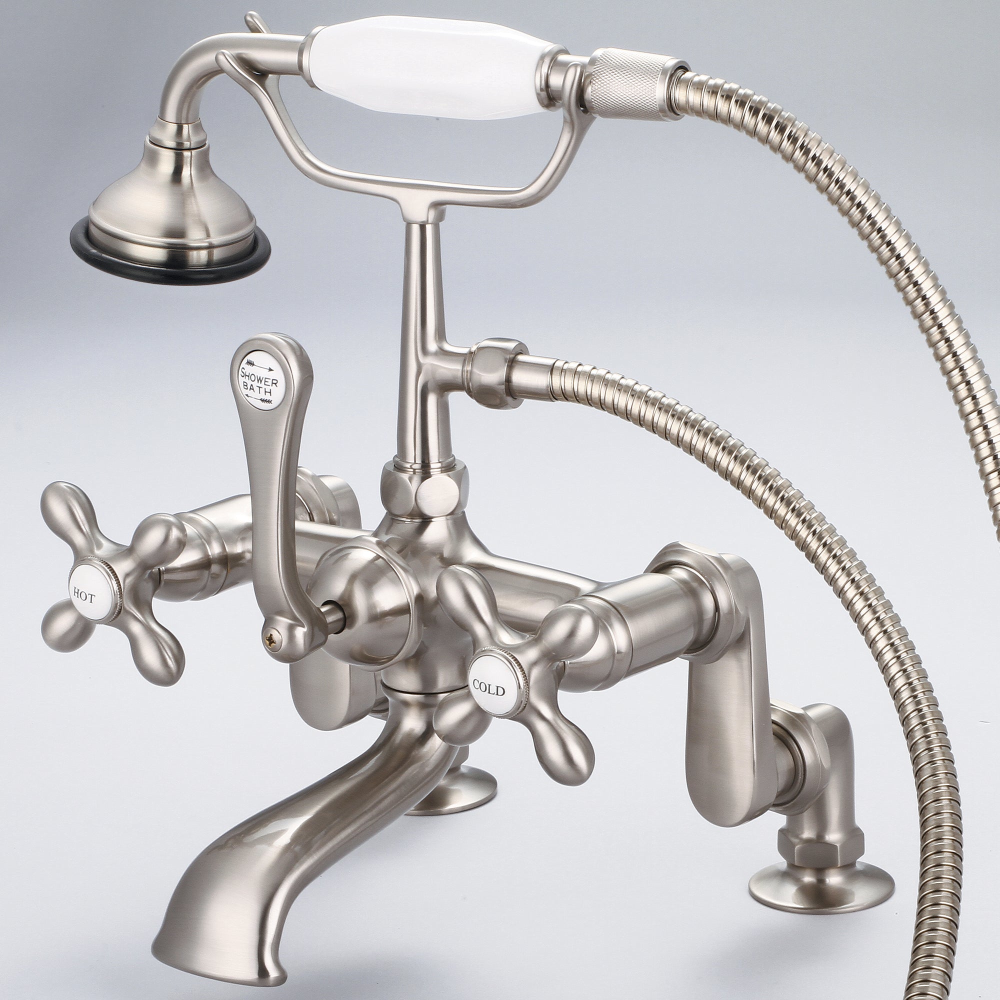 Water Creation | Vintage Classic Adjustable Center Deck Mount Tub Faucet With Handheld Shower in Brushed Nickel Finish With Metal Lever Handles, Hot And Cold Labels Included | F6-0008-02-AX
