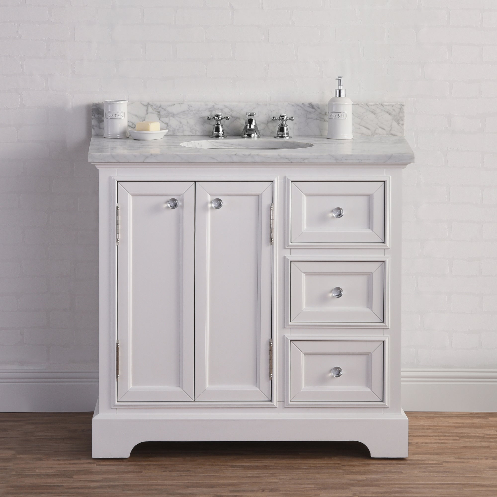 Water Creation | 36 Inch Wide Pure White Single Sink Carrara Marble Bathroom Vanity With Faucets From The Derby Collection | DE36CW01PW-000BX0901