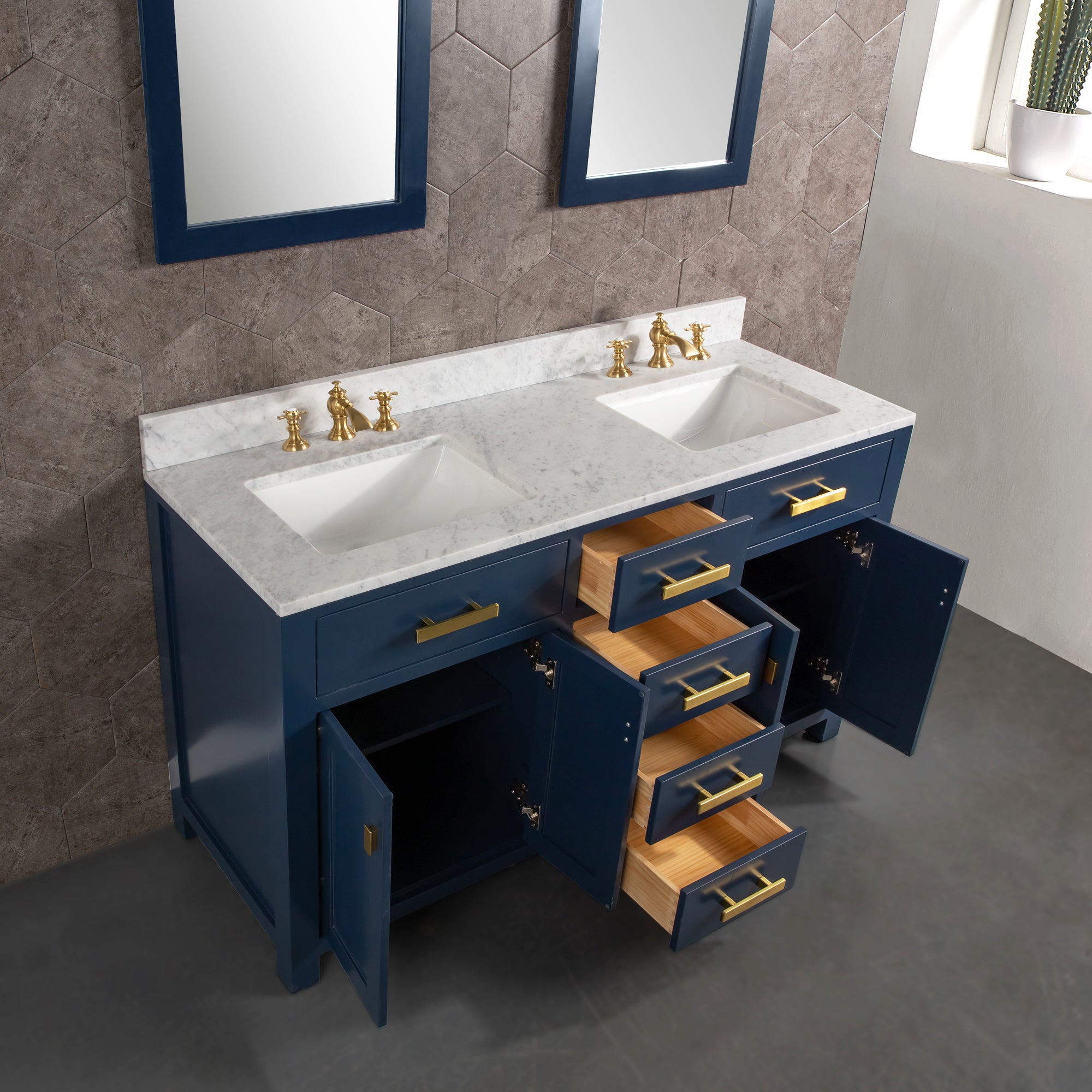 Water Creation | Madison 60-Inch Double Sink Carrara White Marble Vanity In Monarch BlueWith Matching Mirror(s) and F2-0013-06-FX Lavatory Faucet(s) | MS60CW06MB-R21FX1306
