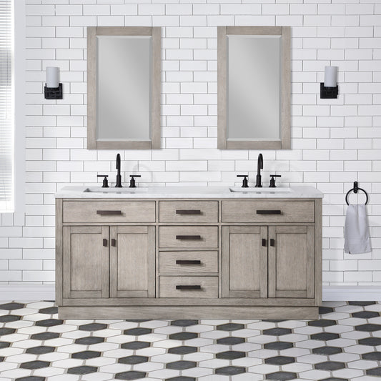 Water Creation | Chestnut 72 In. Double Sink Carrara White Marble Countertop Vanity In Grey Oak with Mirrors | CH72CW03GK-R21000000