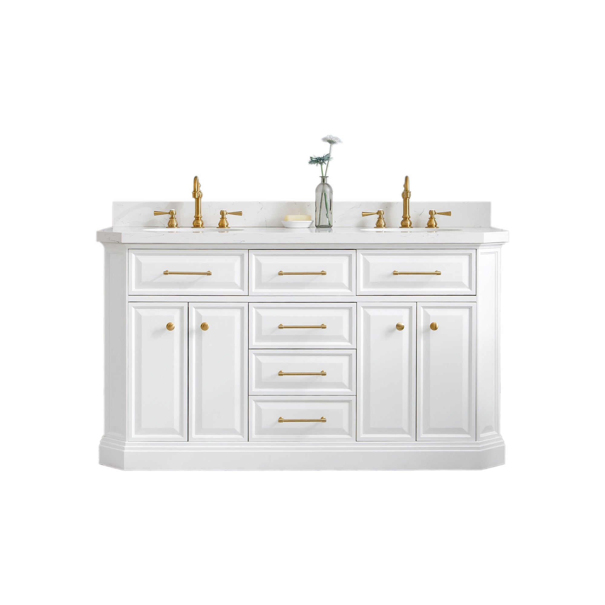 Water Creation | 60" Palace Collection Quartz Carrara Pure White Bathroom Vanity Set With Hardware And F2-0012 Faucets in Satin Gold Finish And Only Mirrors in Chrome Finish | PA60QZ06PW-000TL1206