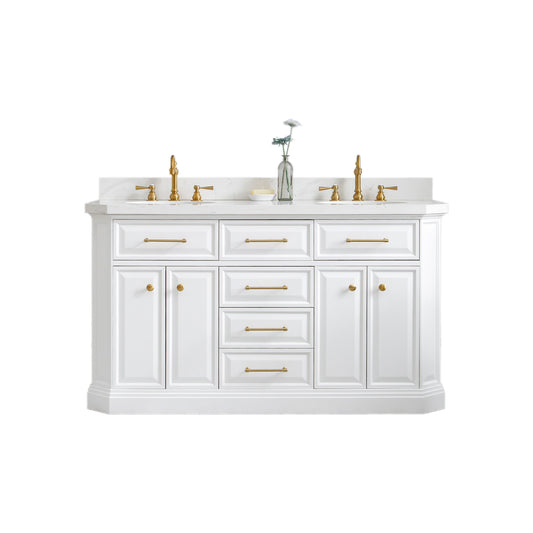 Water Creation | 60" Palace Collection Quartz Carrara Pure White Bathroom Vanity Set With Hardware And F2-0012 Faucets in Satin Gold Finish And Only Mirrors in Chrome Finish | PA60QZ06PW-000TL1206