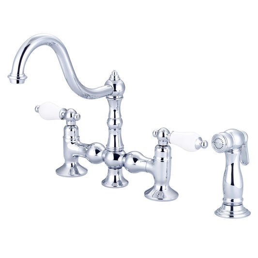 Water Creation | Bridge Style Kitchen Faucet With Side Spray To Match in Chrome Finish With Porcelain Lever Handles Without labels | F5-0010-01-PL