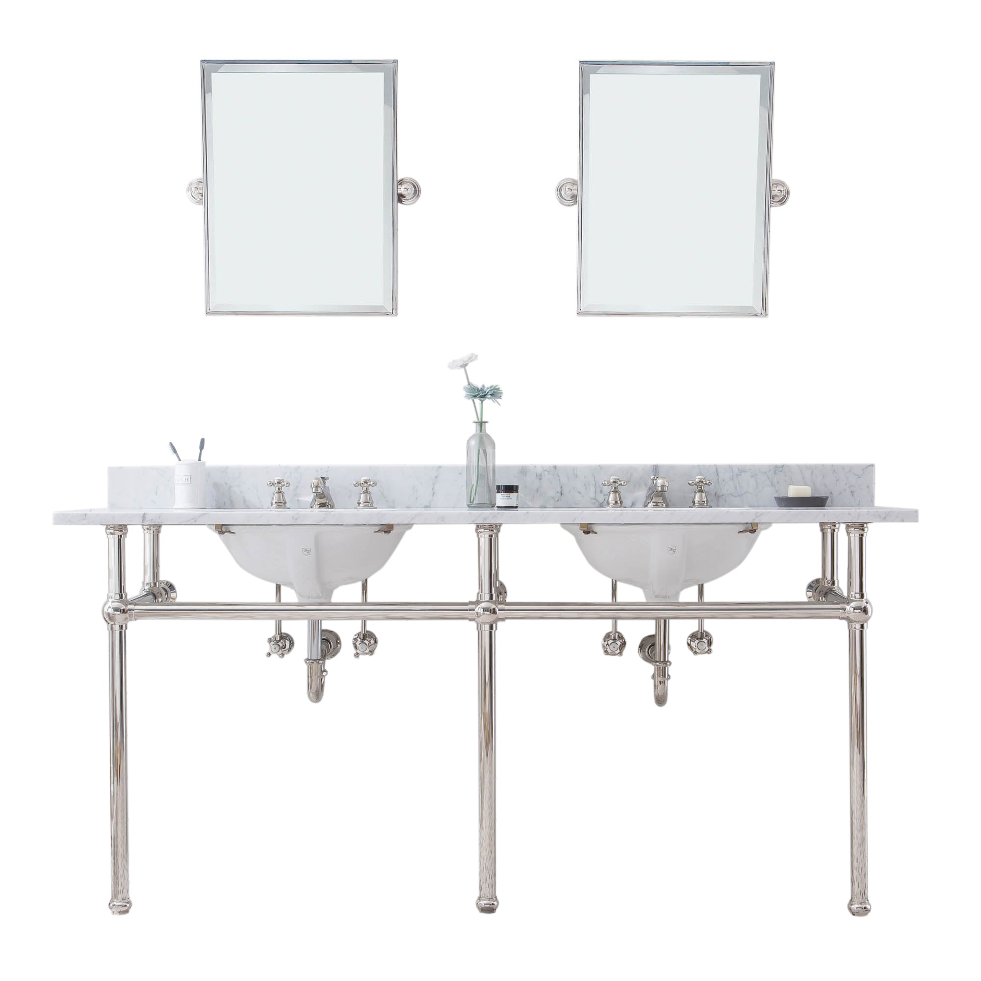 Water Creation | Embassy 72 Inch Wide Double Wash Stand, P-Trap, Counter Top with Basin, F2-0009 Faucet and Mirror included in Polished Nickel (PVD) Finish | EB72E-0509