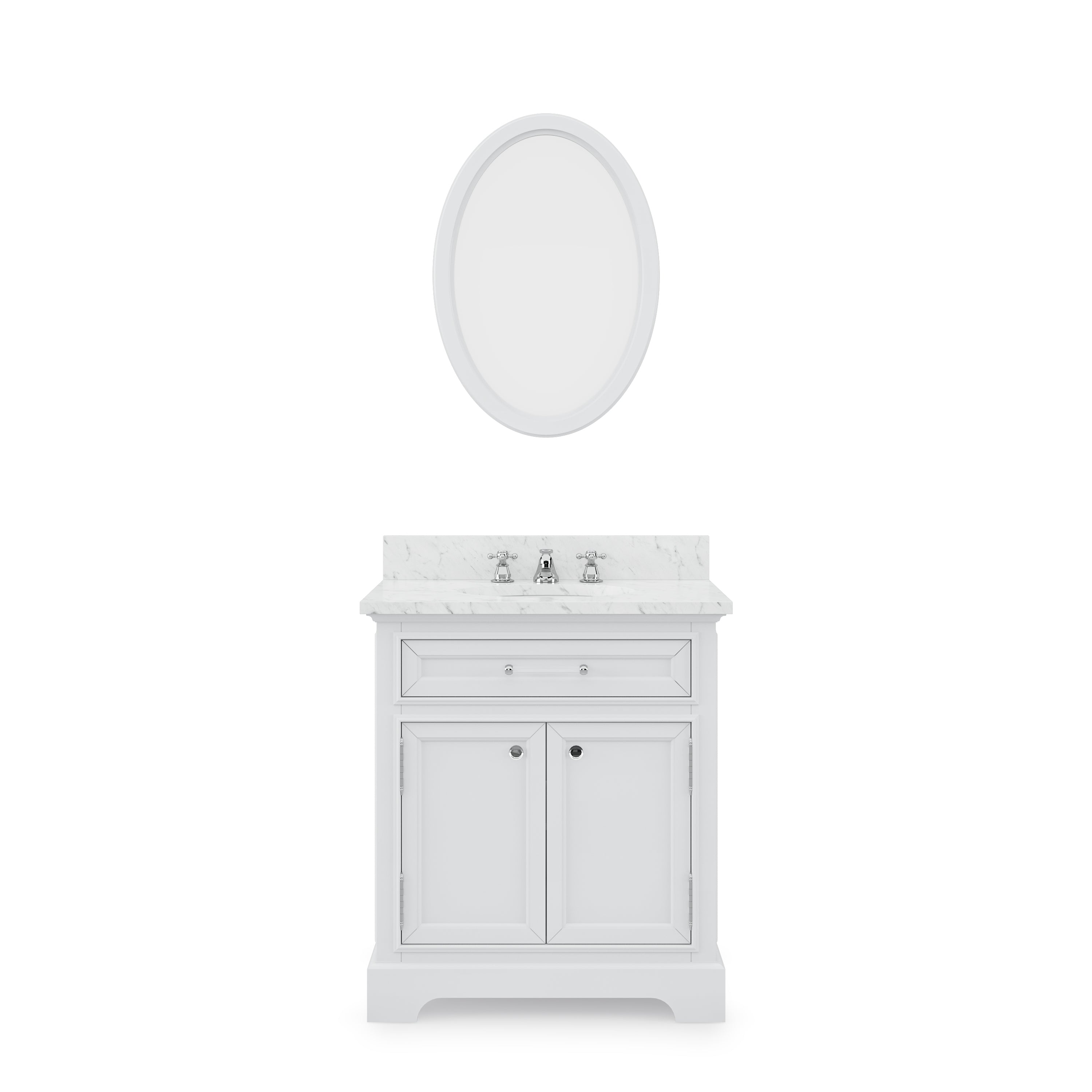 Water Creation | 30 Inch Pure White Single Sink Bathroom Vanity With Matching Framed Mirror And Faucet From The Derby Collection | DE30CW01PW-O24BX0901