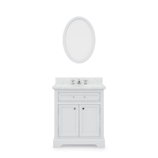 Water Creation | 30 Inch Pure White Single Sink Bathroom Vanity With Matching Framed Mirror And Faucet From The Derby Collection | DE30CW01PW-O24BX0901