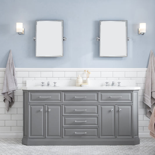 Water Creation | 72" Palace Collection Quartz Carrara Cashmere Grey Bathroom Vanity Set With Hardware And F2-0009 Faucets, Mirror in Chrome Finish | PA72QZ01CG-E18BX0901