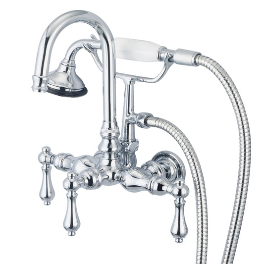 Water Creation | Vintage Classic 3.375 Inch Center Wall Mount Tub Faucet With Gooseneck Spout, Straight Wall Connector & Handheld Shower in Chrome Finish With Metal Lever Handles Without Labels | F6-0012-01-AL