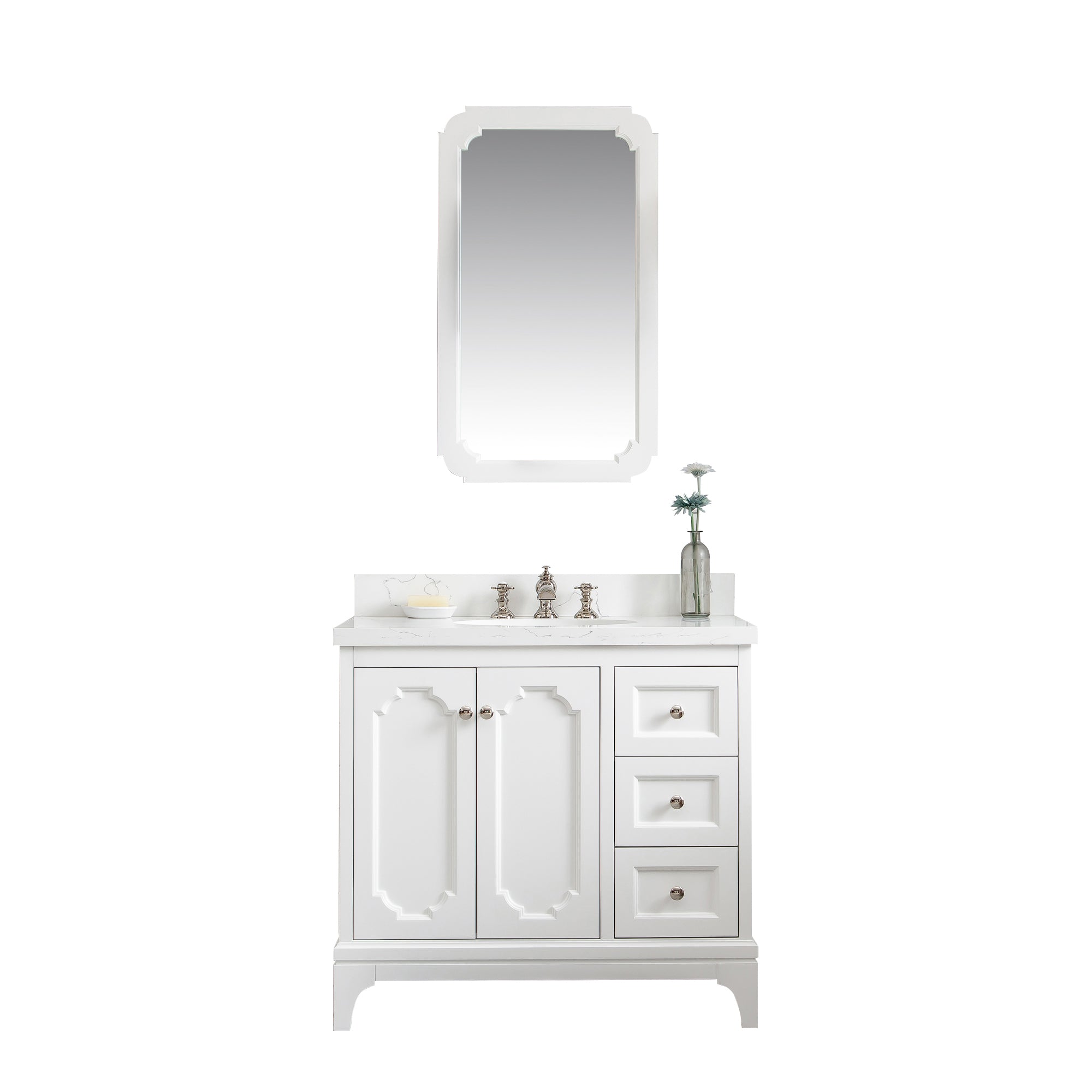 Water Creation | Queen 36-Inch Single Sink Quartz Carrara Vanity In Pure White With Matching Mirror(s) and F2-0013-05-FX Lavatory Faucet(s) | QU36QZ05PW-Q21FX1305