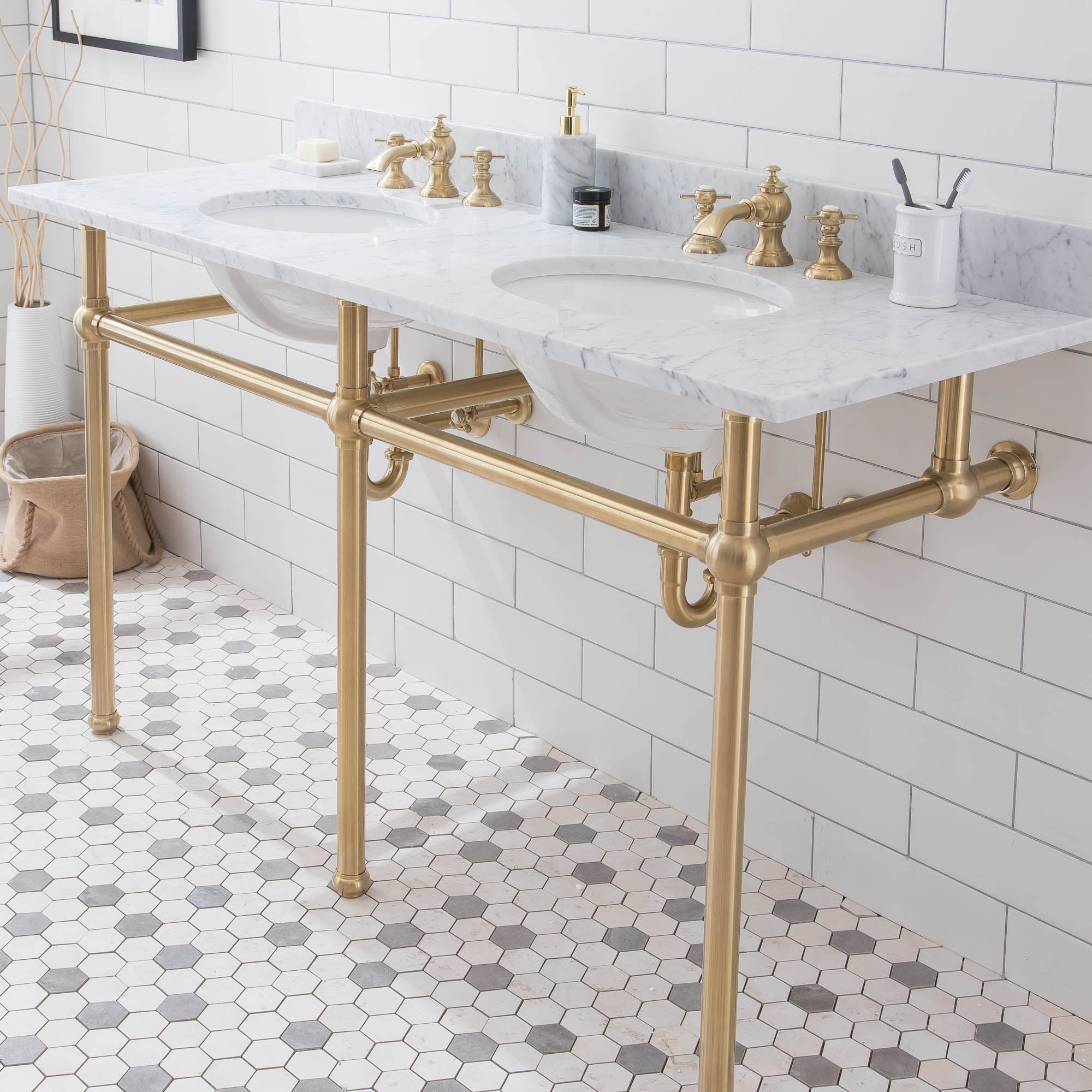 Water Creation | Embassy 60 Inch Wide Double Wash Stand, P-Trap, Counter Top with Basin, and F2-0013 Faucet included in Satin Gold Finish | EB60D-0613