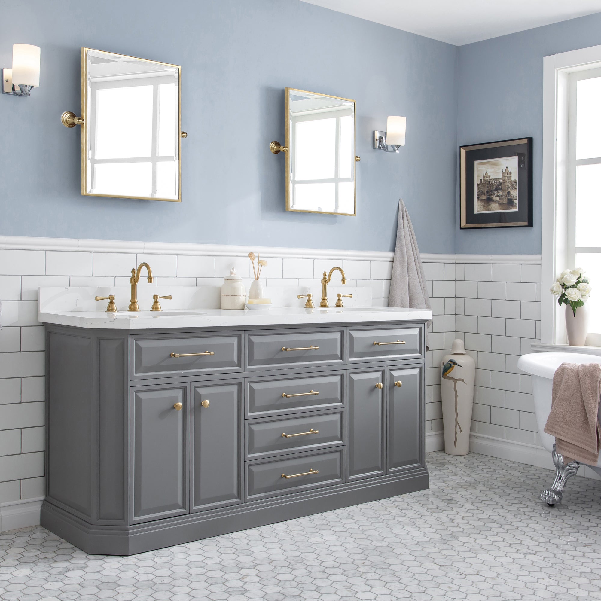 Water Creation | 72" Palace Collection Quartz Carrara Cashmere Grey Bathroom Vanity Set With Hardware And F2-0012 Faucets in Satin Gold Finish And Only Mirrors in Chrome Finish | PA72QZ06CG-E18TL1206