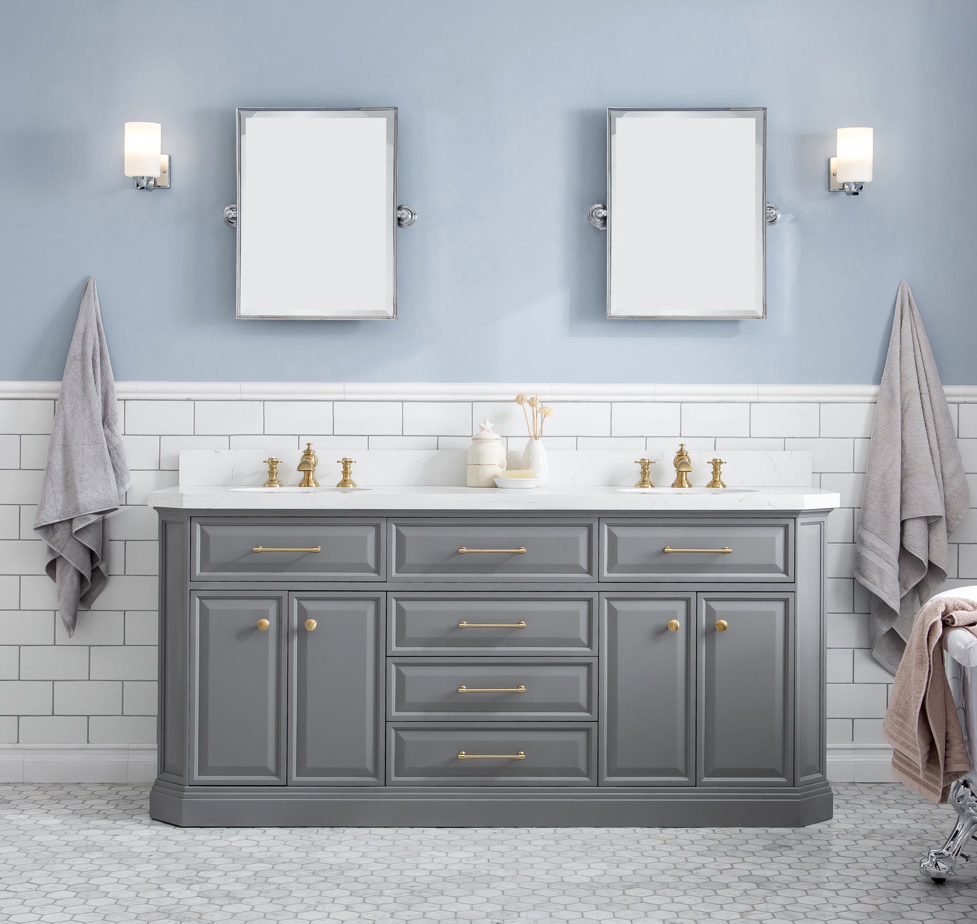 Water Creation | 72" Palace Collection Quartz Carrara Cashmere Grey Bathroom Vanity Set With Hardware in Satin Gold Finish And Only Mirrors in Chrome Finish | PA72QZ06CG-E18000000