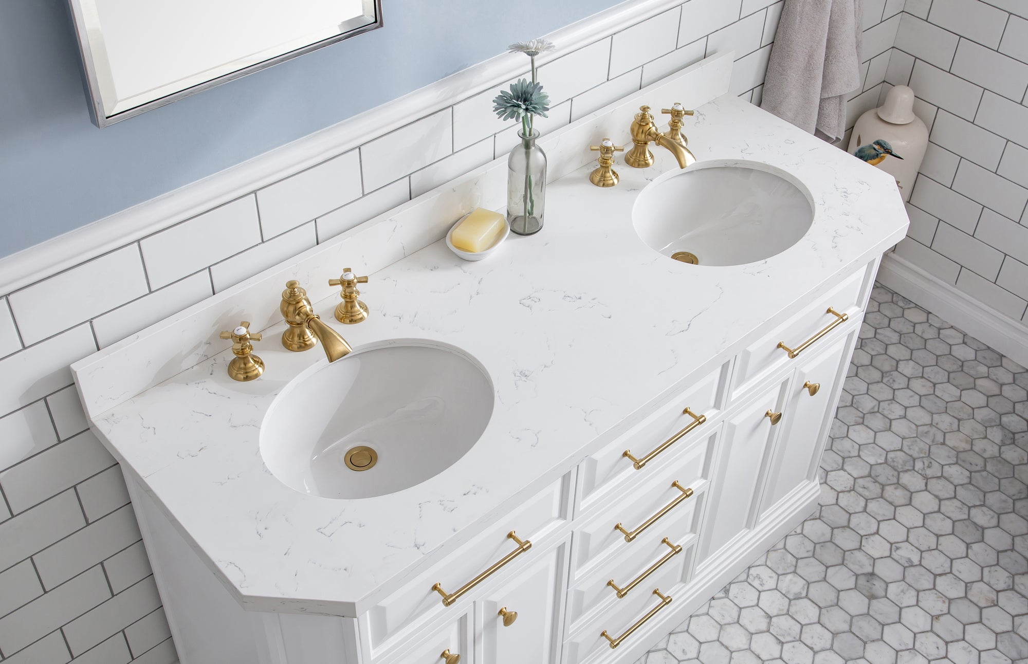 Water Creation | 60" Palace Collection Quartz Carrara Pure White Bathroom Vanity Set With Hardware And F2-0013 Faucets in Satin Gold Finish And Only Mirrors in Chrome Finish | PA60QZ06PW-000FX1306