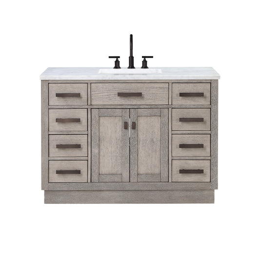 Water Creation | Chestnut 48 In. Single Sink Carrara White Marble Countertop Vanity In Grey Oak with Grooseneck Faucet | CH48CW03GK-000BL1403