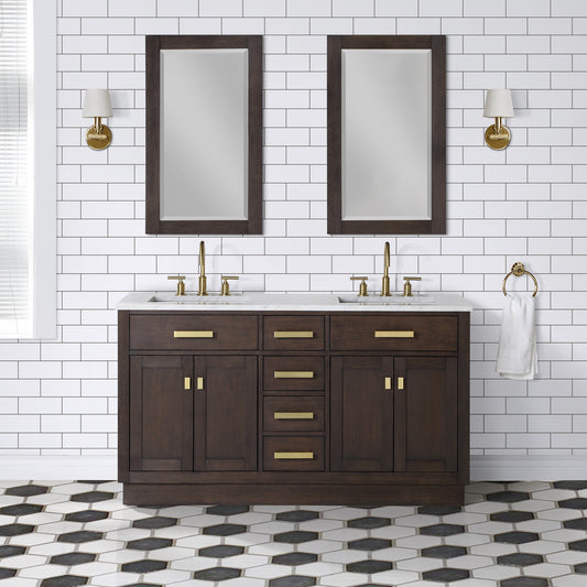 Water Creation | Chestnut 60 In. Double Sink Carrara White Marble Countertop Vanity In Brown Oak with Mirrors | CH60CW06BK-R21000000