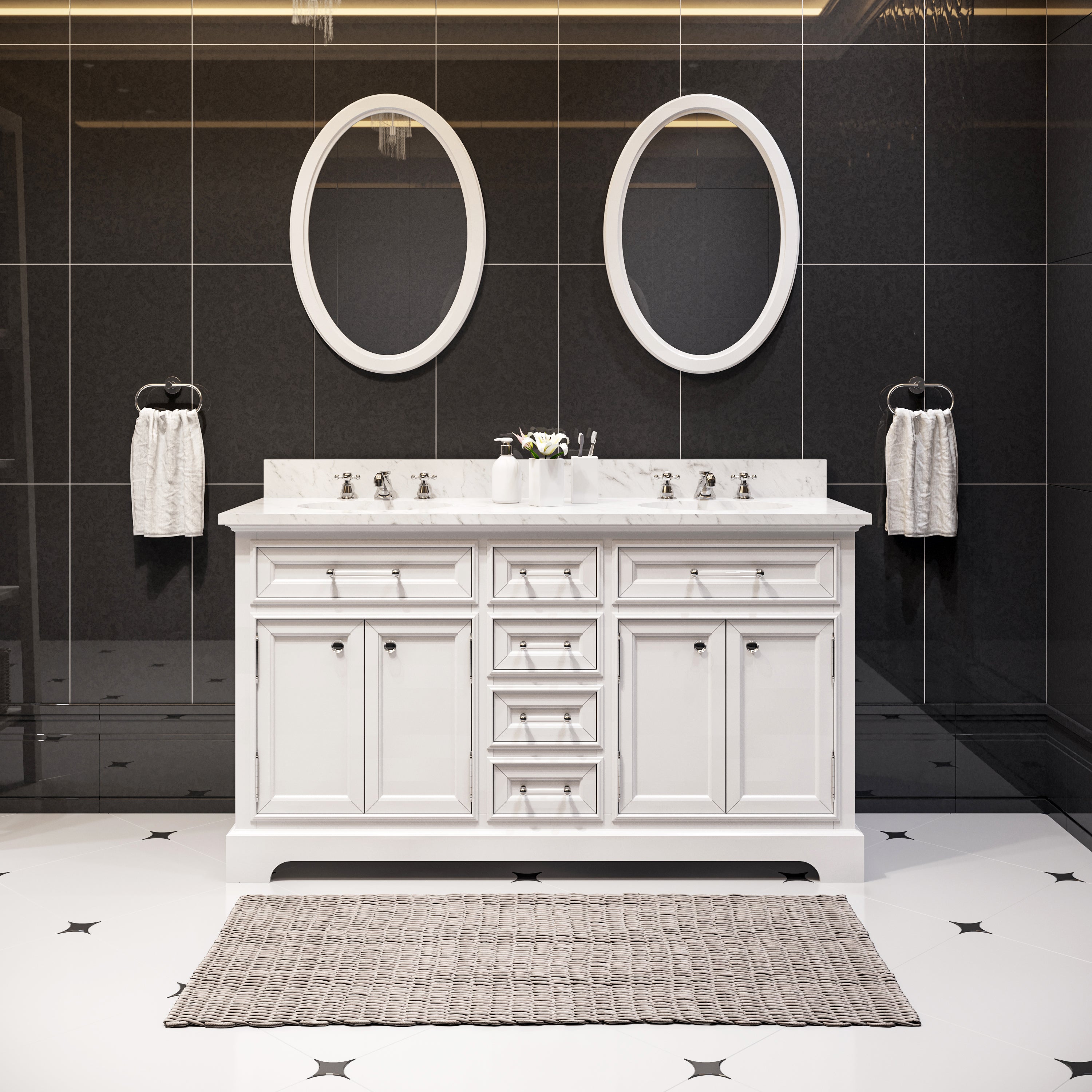 Water Creation | 60 Inch Pure White Double Sink Bathroom Vanity With Matching Framed Mirrors And Faucets From The Derby Collection | DE60CW01PW-O21BX0901