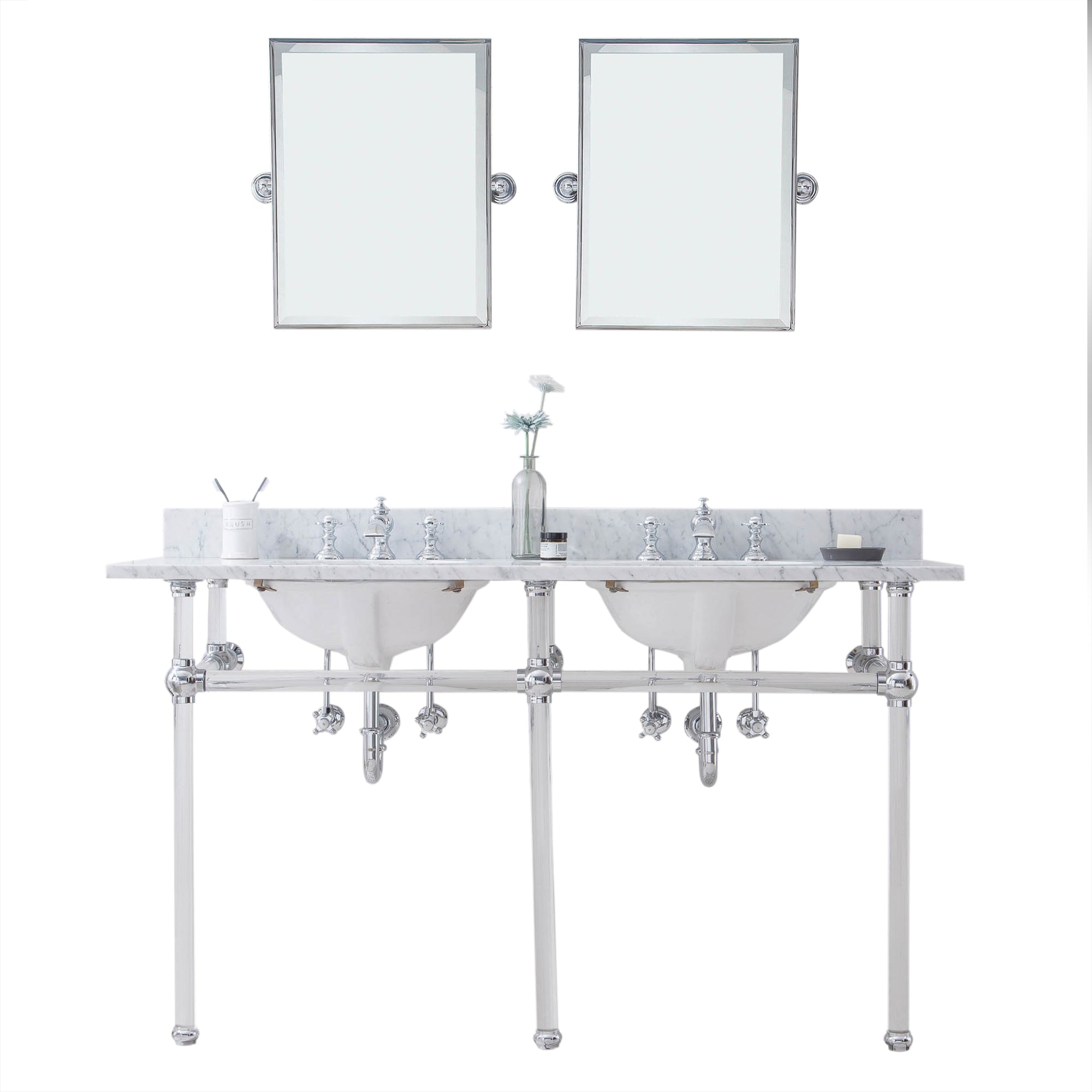 Water Creation | Empire 60 Inch Wide Double Wash Stand, P-Trap, Counter Top with Basin, F2-0013 Faucet and Mirror included in Chrome Finish | EP60E-0113