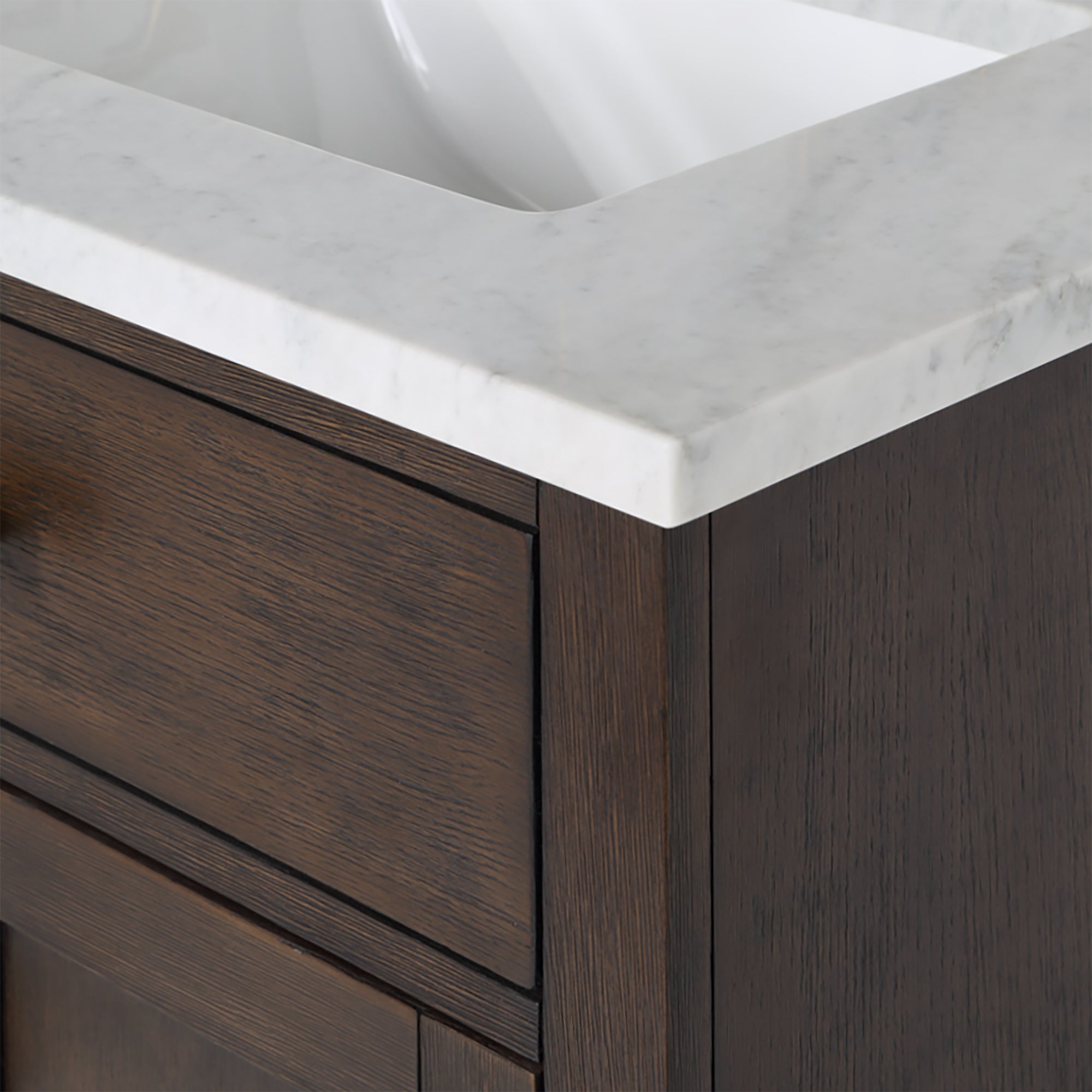 Water Creation | Chestnut 30 In. Single Sink Carrara White Marble Countertop Vanity In Brown Oak with Grooseneck Faucet and Mirror | CH30CW06BK-R21BL1406