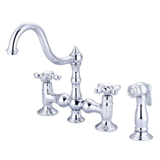 Water Creation | Bridge Style Kitchen Faucet With Side Spray To Match in Chrome Finish With Metal Lever Handles, Hot And Cold Labels Included | F5-0010-01-AX
