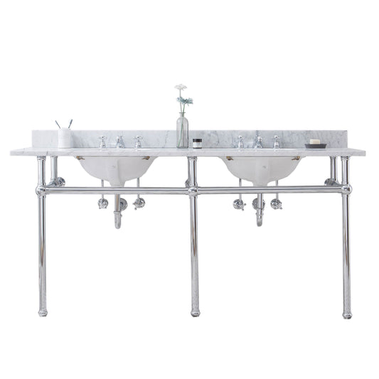 Water Creation | Embassy 72 Inch Wide Double Wash Stand, P-Trap, Counter Top with Basin, and F2-0009 Faucet included in Chrome Finish | EB72D-0109