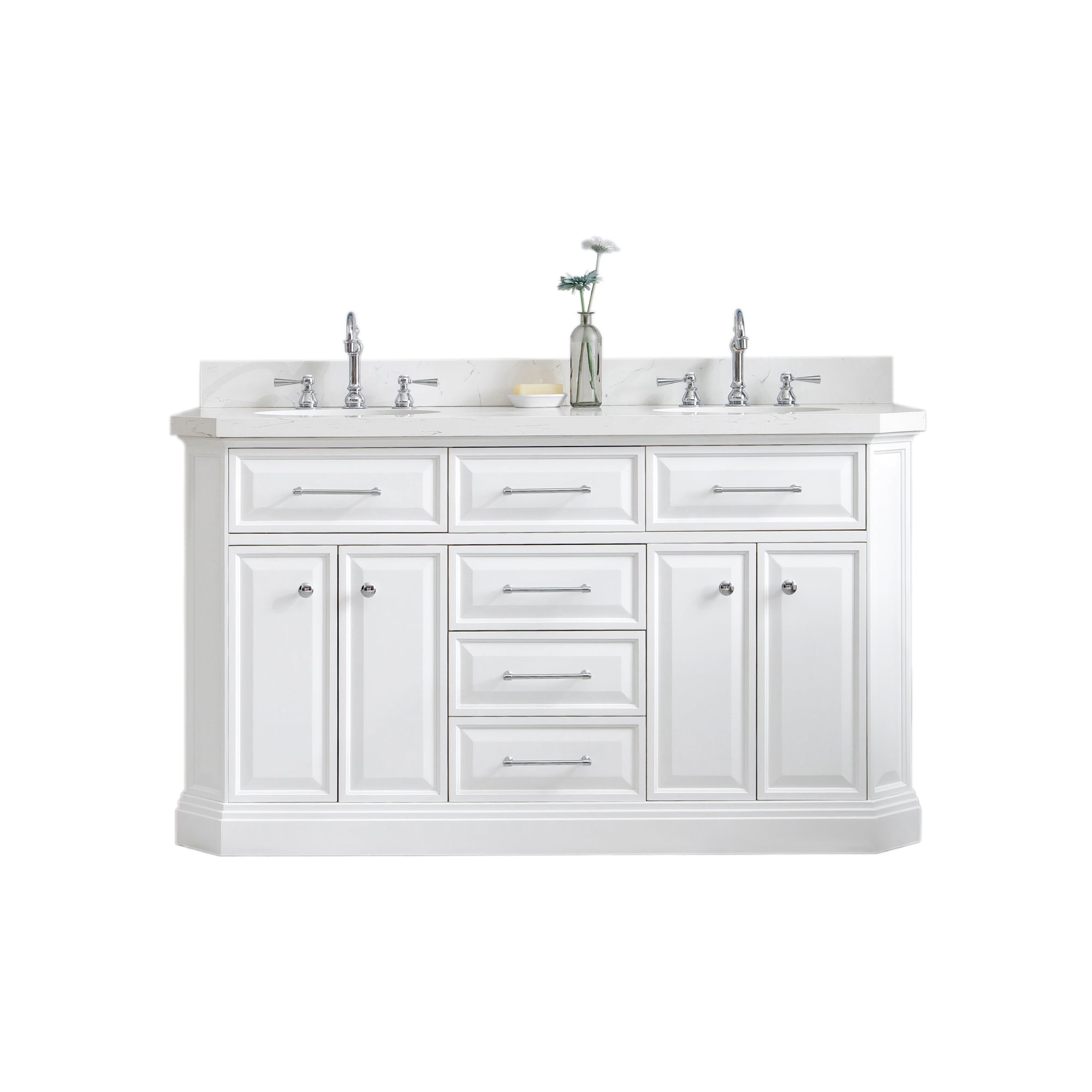 Water Creation | 60" Palace Collection Quartz Carrara Pure White Bathroom Vanity Set With Hardware And F2-0012 Faucets in Chrome Finish | PA60QZ01PW-000TL1201