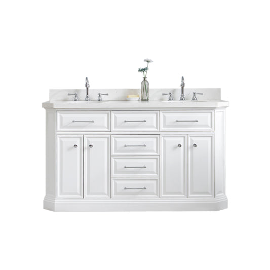 Water Creation | 60" Palace Collection Quartz Carrara Pure White Bathroom Vanity Set With Hardware And F2-0012 Faucets in Chrome Finish | PA60QZ01PW-000TL1201