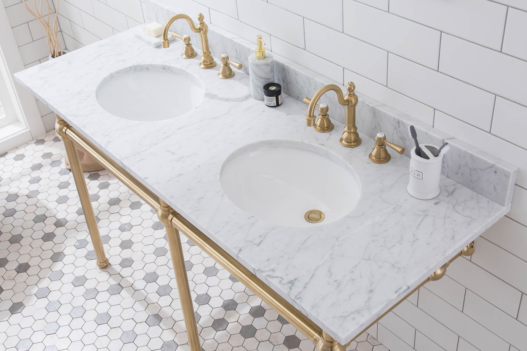 Water Creation | Embassy 60 Inch Wide Double Wash Stand, P-Trap, and Counter Top with Basin included in Satin Gold Finish | EB60C-0600