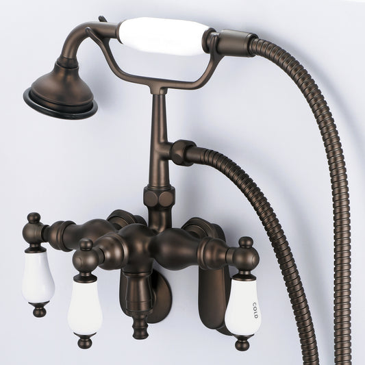 Water Creation | Vintage Classic Adjustable Center Wall Mount Tub Faucet With Down Spout, Swivel Wall Connector & Handheld Shower in Oil-rubbed Bronze Finish Finish With Porcelain Lever Handles, Hot And Cold Labels Included | F6-0018-03-CL