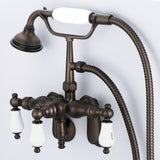 Water Creation | Vintage Classic Adjustable Center Wall Mount Tub Faucet With Down Spout, Swivel Wall Connector & Handheld Shower in Oil-rubbed Bronze Finish Finish With Porcelain Lever Handles, Hot And Cold Labels Included | F6-0018-03-CL