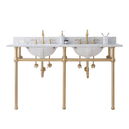 Water Creation | Embassy 60 Inch Wide Double Wash Stand, P-Trap, Counter Top with Basin, and F2-0012 Faucet included in Satin Gold Finish | EB60D-0612