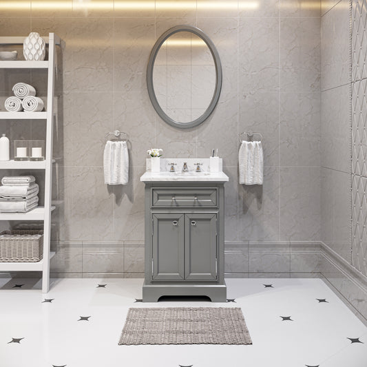 Water Creation | 24 Inch Cashmere Grey Single Sink Bathroom Vanity With Matching Framed Mirror And Faucet From The Derby Collection | DE24CW01CG-O21BX0901