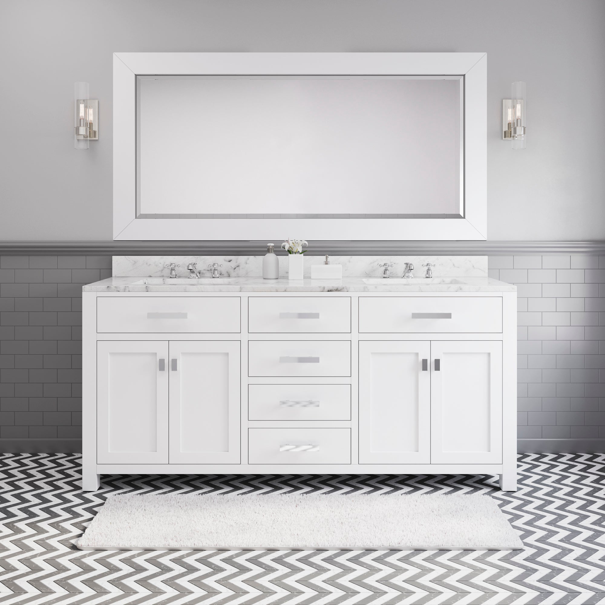 Water Creation | 72 Inch Pure White Double Sink Bathroom Vanity With Matching Large Framed Mirror From The Madison Collection | MS72CW01PW-R72000000