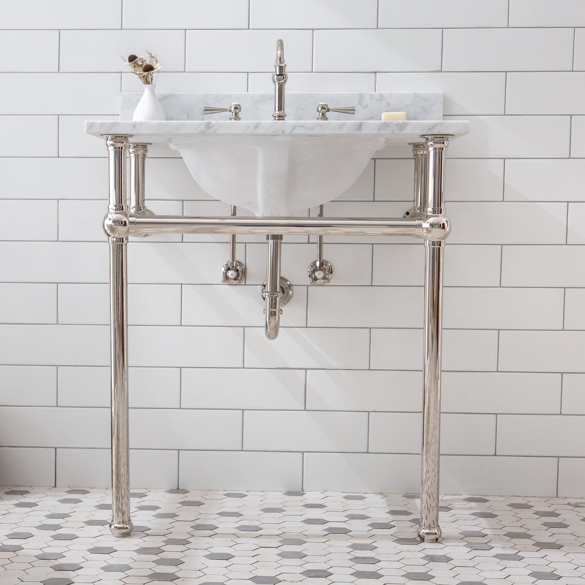 Water Creation | Embassy 30 Inch Wide Single Wash Stand, P-Trap, Counter Top with Basin, F2-0012 Faucet and Mirror included in Polished Nickel (PVD) Finish | EB30E-0512