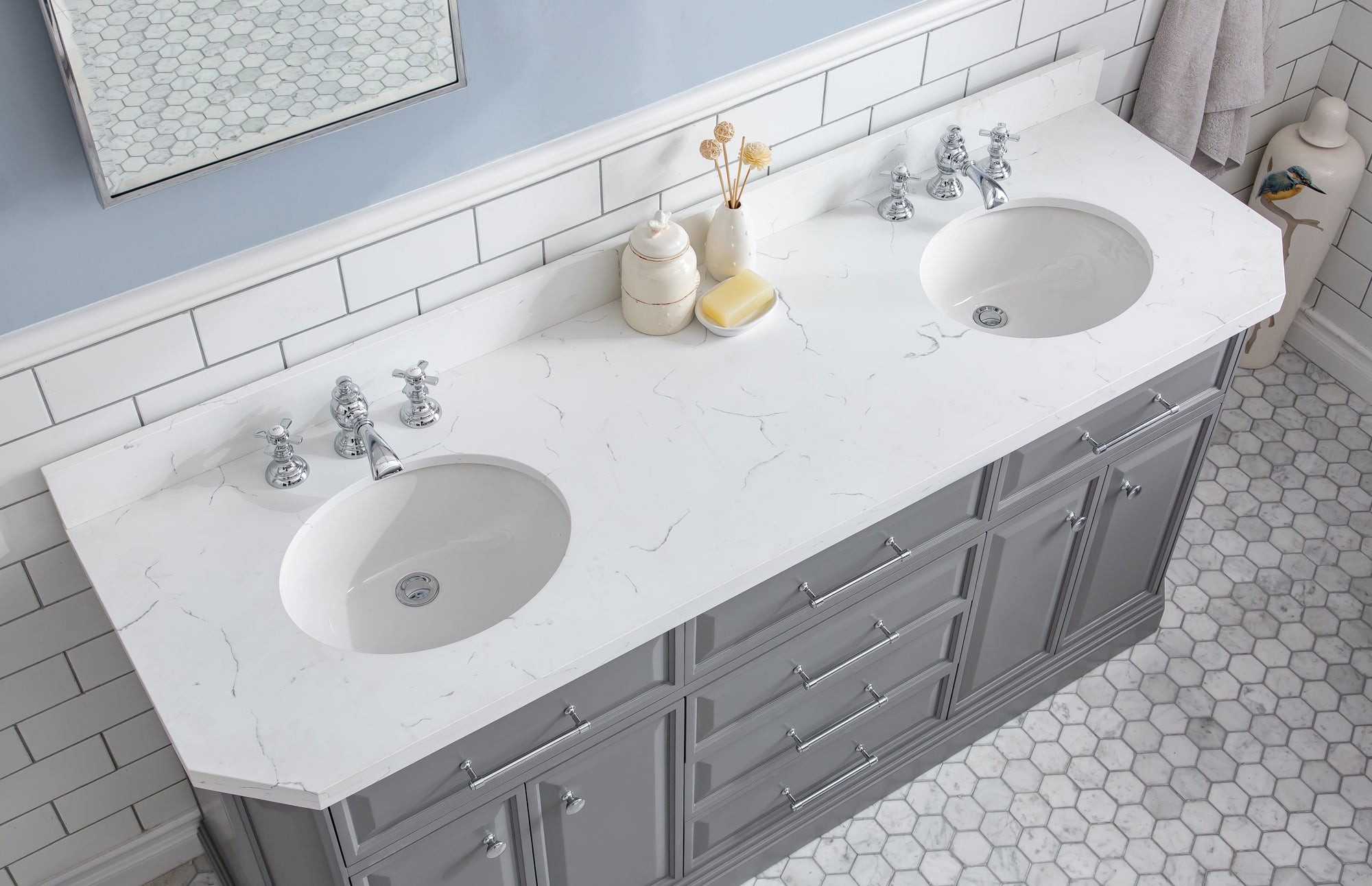 Water Creation | 72" Palace Collection Quartz Carrara Cashmere Grey Bathroom Vanity Set With Hardware And F2-0013 Faucets, Mirror in Chrome Finish | PA72QZ01CG-E18FX1301