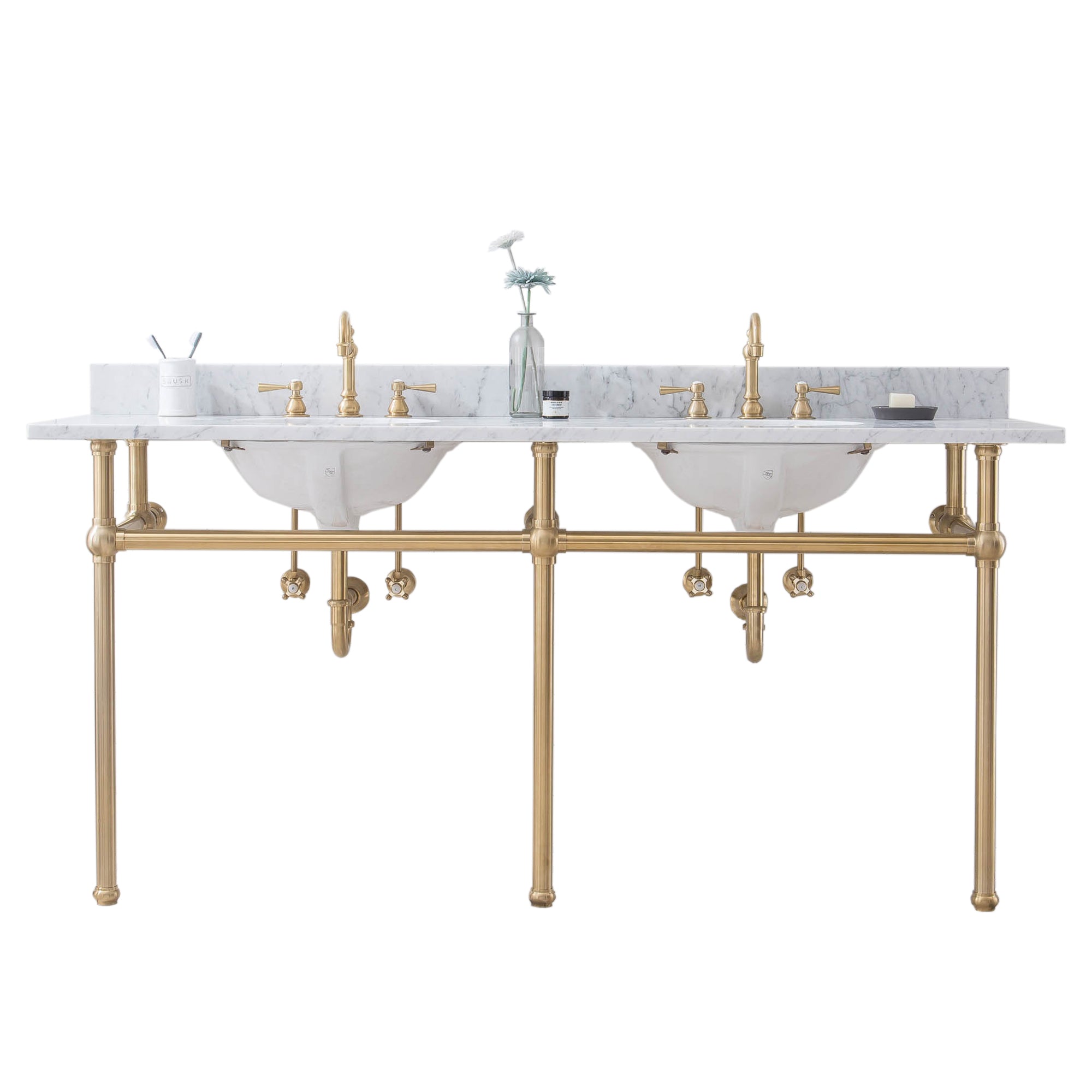 Water Creation | Embassy 72 Inch Wide Double Wash Stand, P-Trap, and Counter Top with Basin included in Satin Gold Finish | EB72C-0600