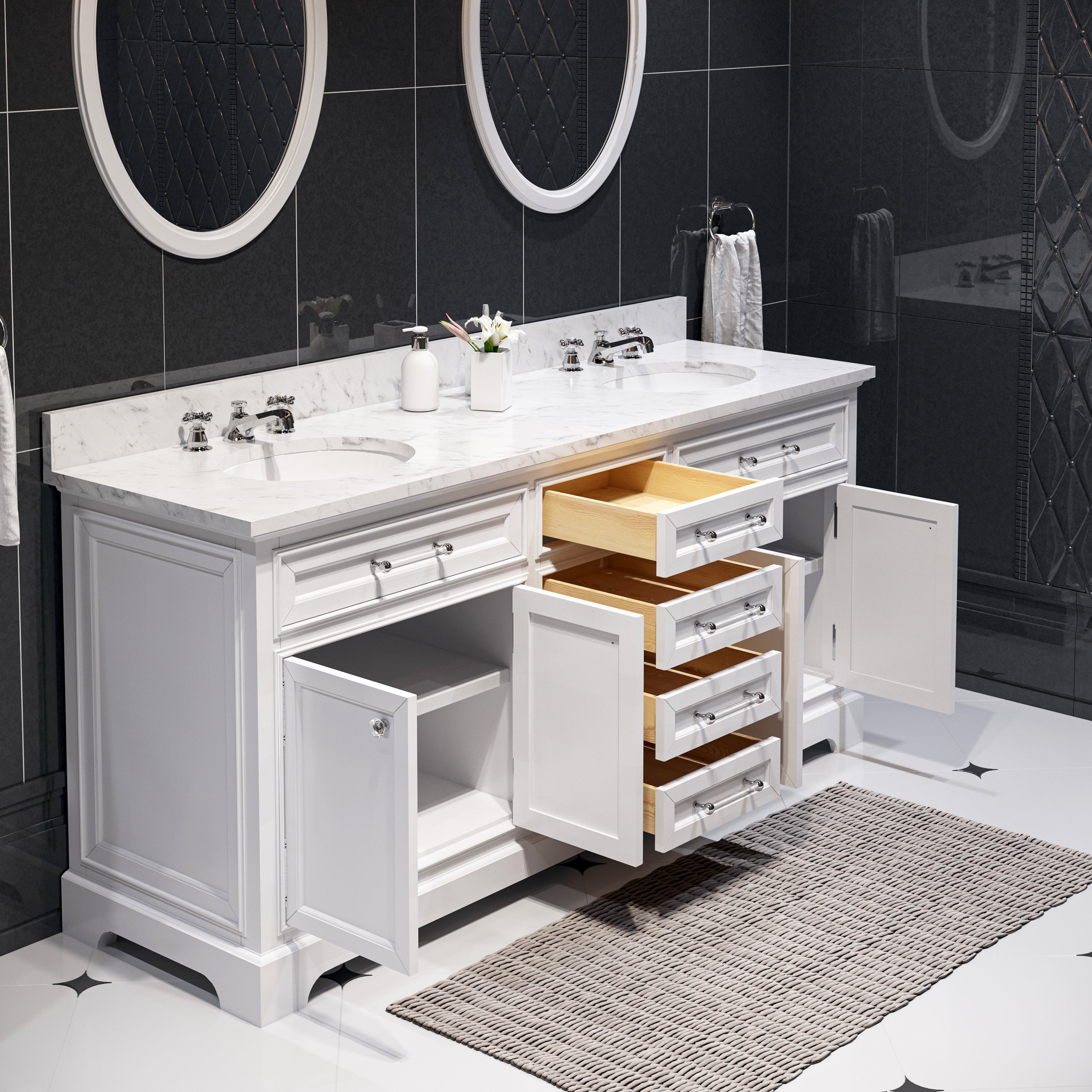 Water Creation | 72 Inch Pure White Double Sink Bathroom Vanity With Faucet From The Derby Collection | DE72CW01PW-000BX0901