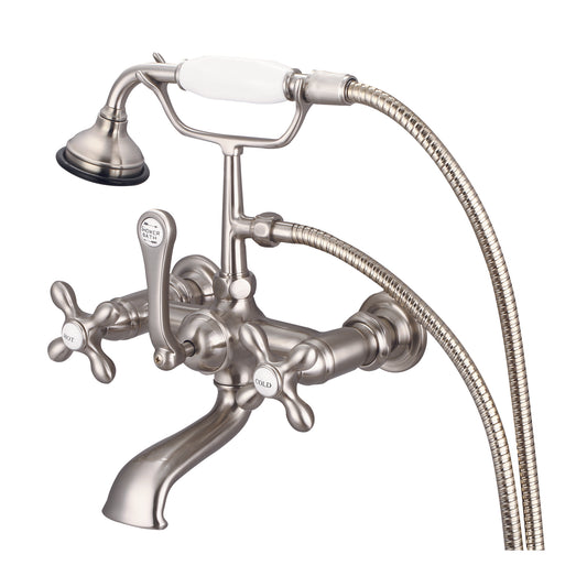 Water Creation | Vintage Classic 7 Inch Spread Wall Mount Tub Faucet With Straight Wall Connector & Handheld Shower in Brushed Nickel Finish With Metal Lever Handles, Hot And Cold Labels Included | F6-0010-02-AX