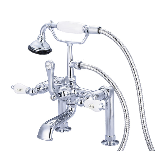 Water Creation | Vintage Classic 7 Inch Spread Deck Mount Tub Faucet With 6 Inch Risers & Handheld Shower in Chrome Finish With Porcelain Lever Handles, Hot And Cold Labels Included | F6-0006-01-CL