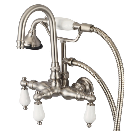 Water Creation | Vintage Classic 3.375 Inch Center Wall Mount Tub Faucet With Gooseneck Spout, Straight Wall Connector & Handheld Shower in Brushed Nickel Finish With Porcelain Lever Handles Without labels | F6-0012-02-PL