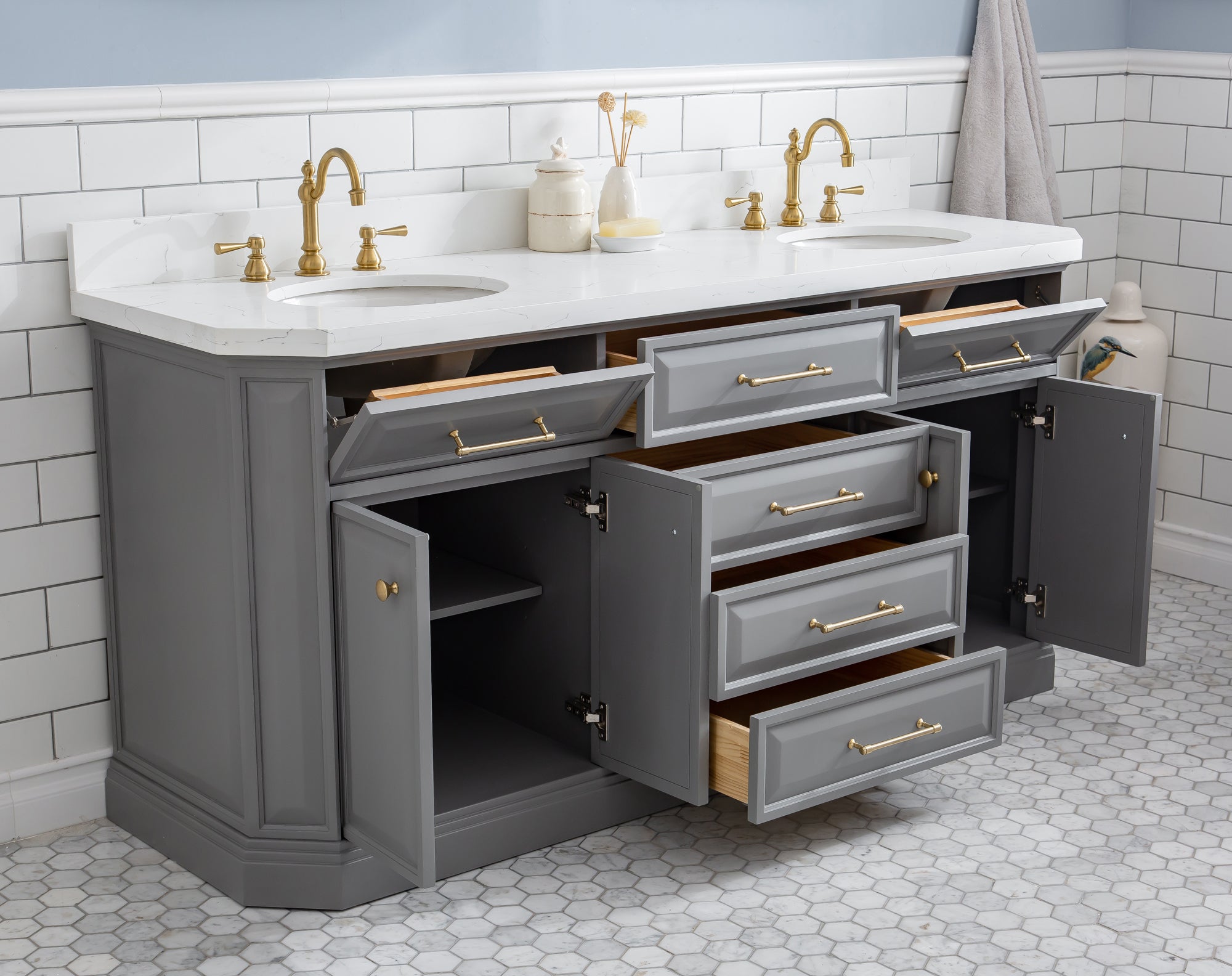 Water Creation | 72" Palace Collection Quartz Carrara Cashmere Grey Bathroom Vanity Set With Hardware And F2-0012 Faucets in Satin Gold Finish And Only Mirrors in Chrome Finish | PA72QZ06CG-000TL1206