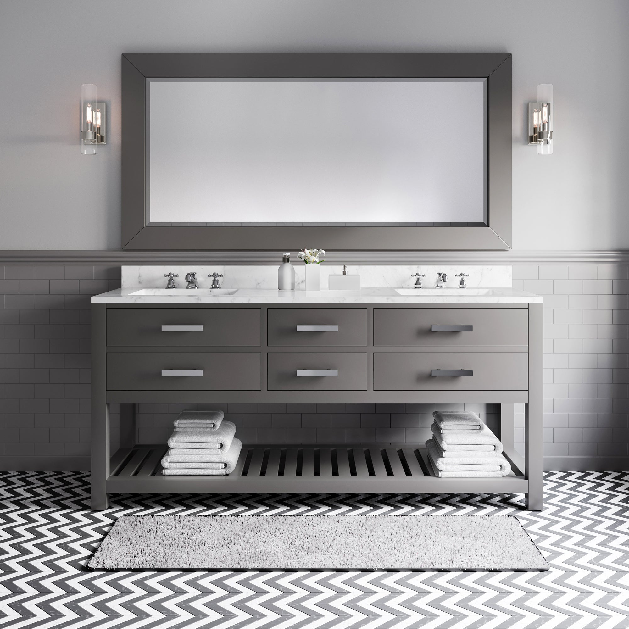 Water Creation | 72 Inch Cashmere Grey Double Sink Bathroom Vanity With Matching Framed Mirror And Faucet From The Madalyn Collection | MA72CW01CG-R72BX0901