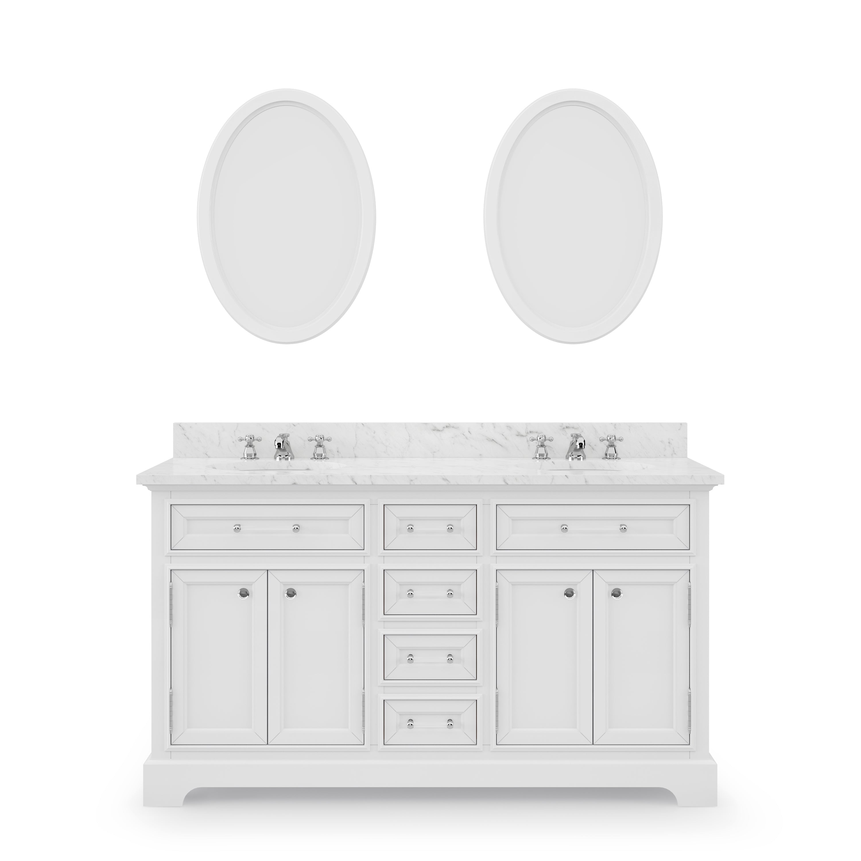 Water Creation | 60 Inch Pure White Double Sink Bathroom Vanity With Matching Framed Mirrors And Faucets From The Derby Collection | DE60CW01PW-O21BX0901