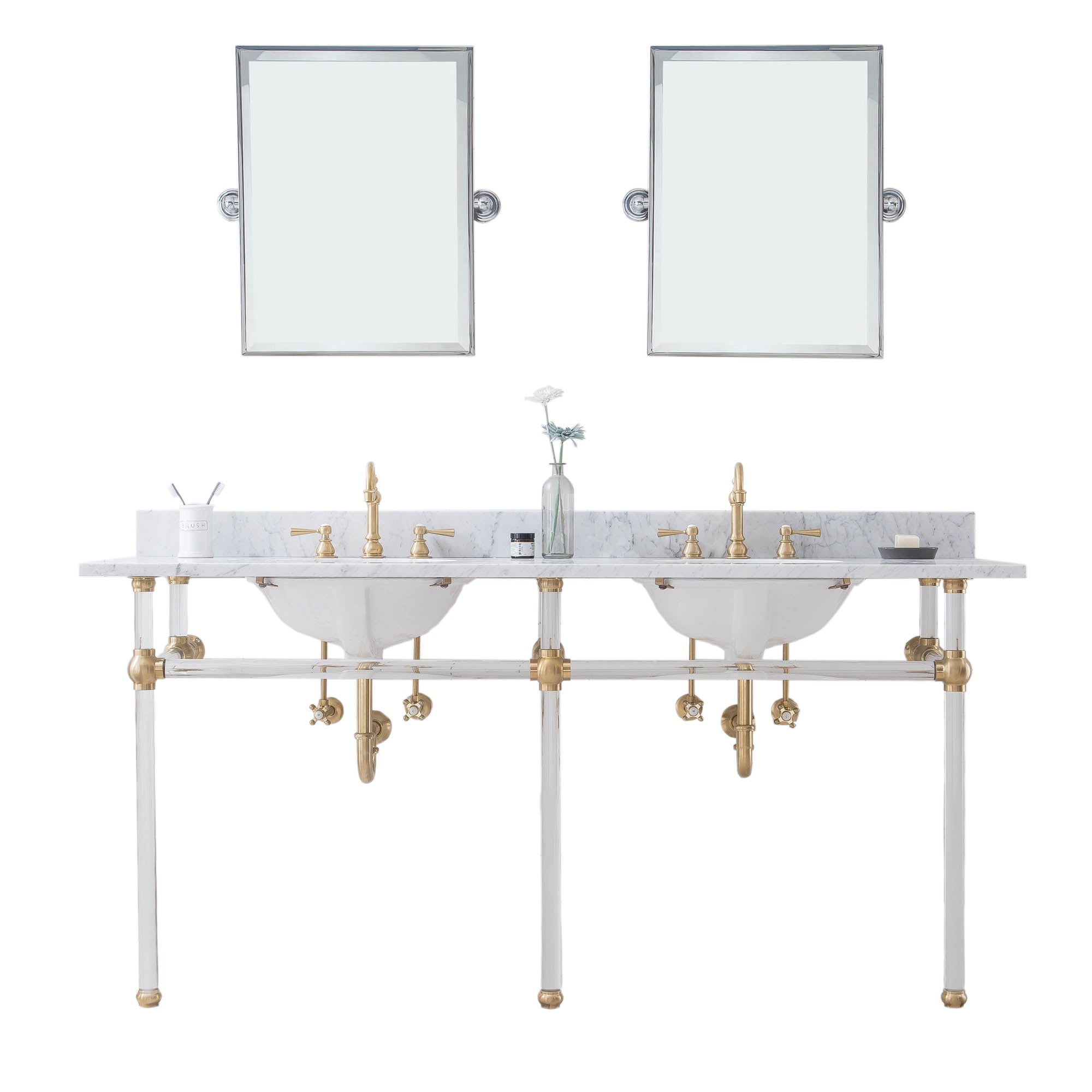 Water Creation | Empire 72 Inch Wide Double Wash Stand, P-Trap, Counter Top with Basin, F2-0012 Faucet and Mirror included in Satin Gold Finish | EP72E-0612