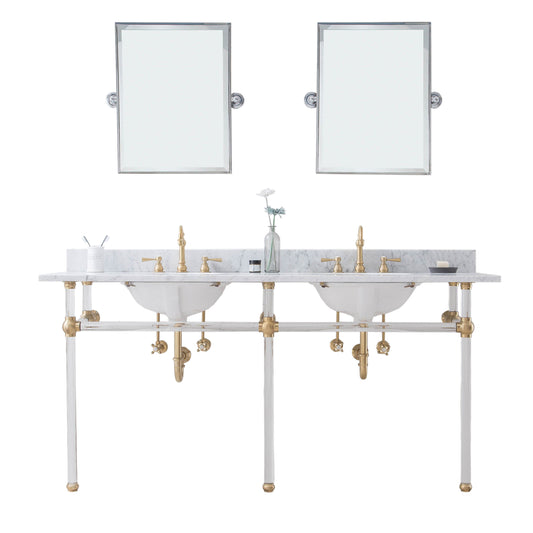 Water Creation | Empire 72 Inch Wide Double Wash Stand, P-Trap, Counter Top with Basin, F2-0012 Faucet and Mirror included in Satin Gold Finish | EP72E-0612