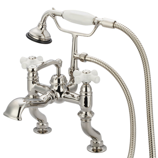 Water Creation | Vintage Classic Adjustable Center Deck Mount Tub Faucet With Handheld Shower in Polished Nickel (PVD) Finish With Porcelain Cross Handles, Hot And Cold Labels Included | F6-0004-05-PX