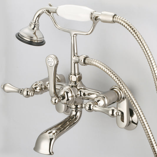 Water Creation | Vintage Classic Adjustable Center Wall Mount Tub Faucet With Swivel Wall Connector & Handheld Shower in Polished Nickel (PVD) Finish With Metal Lever Handles Without Labels | F6-0009-05-AL