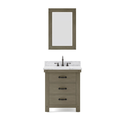 Water Creation | 30 Inch Grizzle Grey Single Sink Bathroom Vanity With Mirror And Faucet With Carrara White Marble Counter Top From The ABERDEEN Collection | AB30CW03GG-A24BX1203