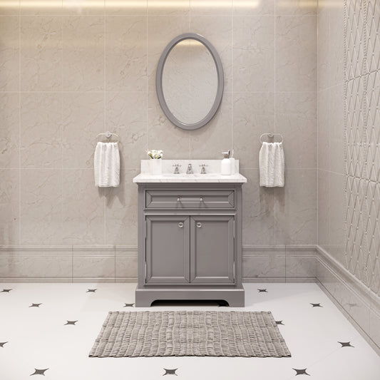 Water Creation | 30 Inch Cashmere Grey Single Sink Bathroom Vanity With Matching Framed Mirror And Faucet From The Derby Collection | DE30CW01CG-O24BX0901