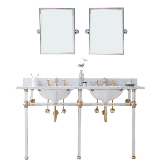 Water Creation | Empire 60 Inch Wide Double Wash Stand, P-Trap, Counter Top with Basin, F2-0013 Faucet and Mirror included in Satin Gold Finish | EP60E-0613